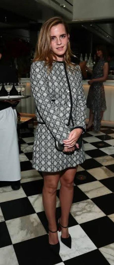 Emma Watson in a patterned dress at an evening event