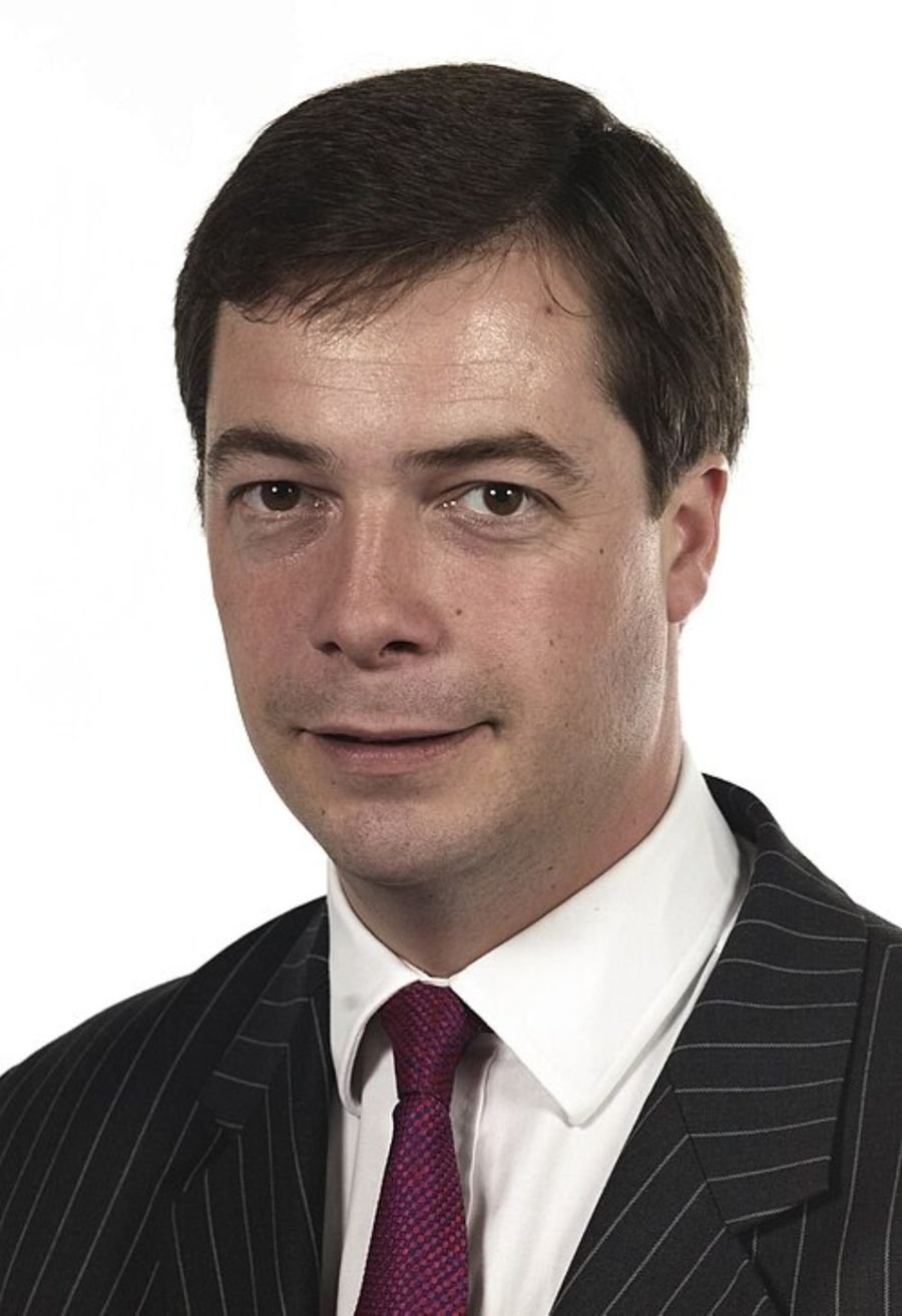 Portrait of a man in a pinstripe suit, shown in the early years section of the Nigel Farage biography